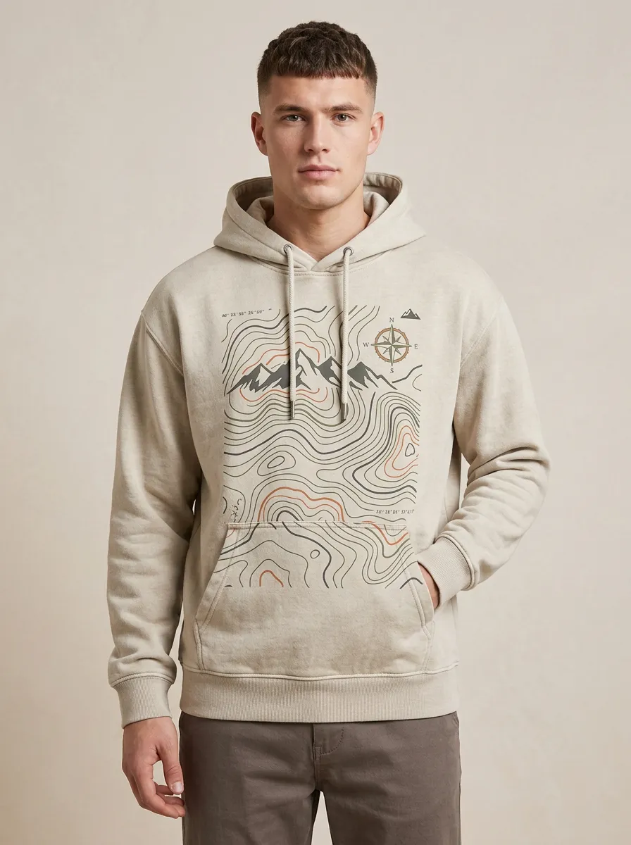 Men's Atlas Hiking Outdoor Explorer Mountain Topographic Graphic Hoodie