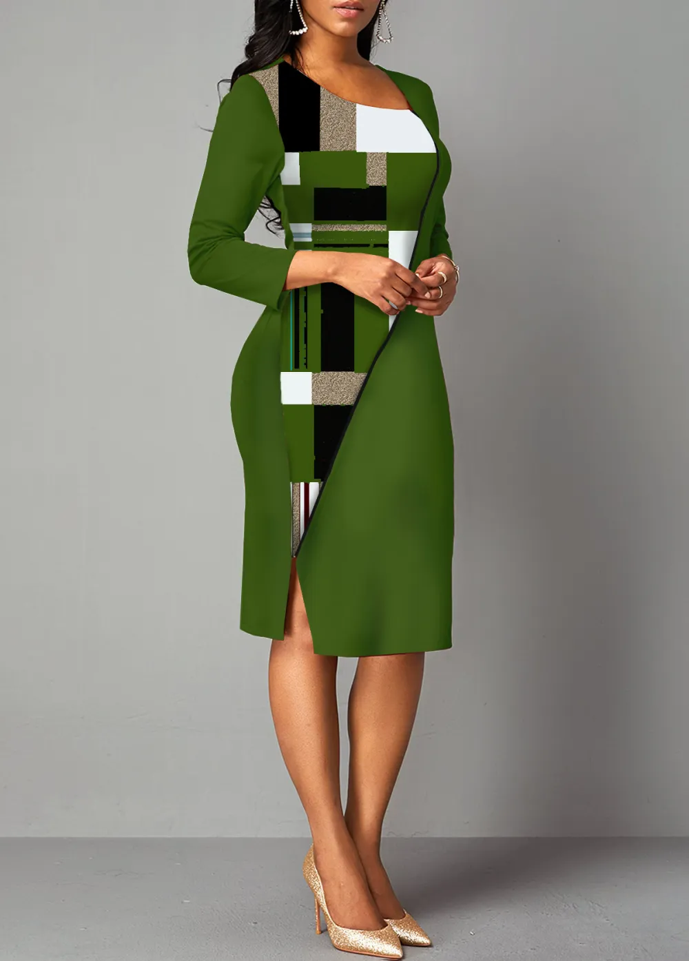 Side Slit Plaid 3/4 Sleeve Bodycon Dress