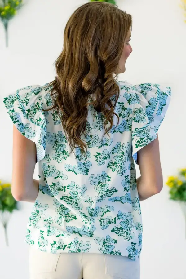 Floral Neck Flutter Sleeve Blouse