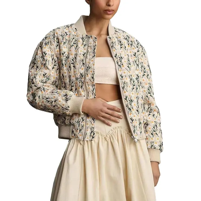 Women's Ramie Linen Embroidered Daisy Cropped Bomber Jacket with Quilted Puffer Sleeves & Two Side Pockets Outerwear