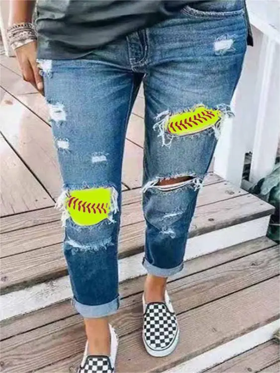 Women's Baseball Printed Hole Panel Jeans