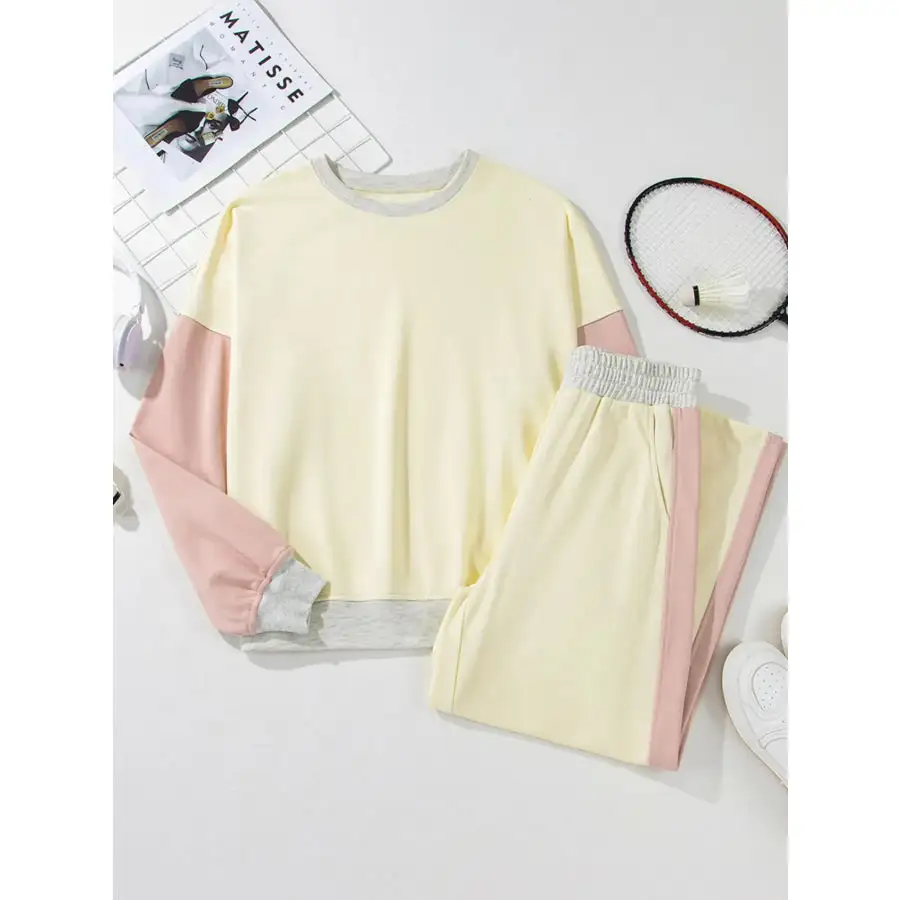 Block Round Neck Top and Pants Set