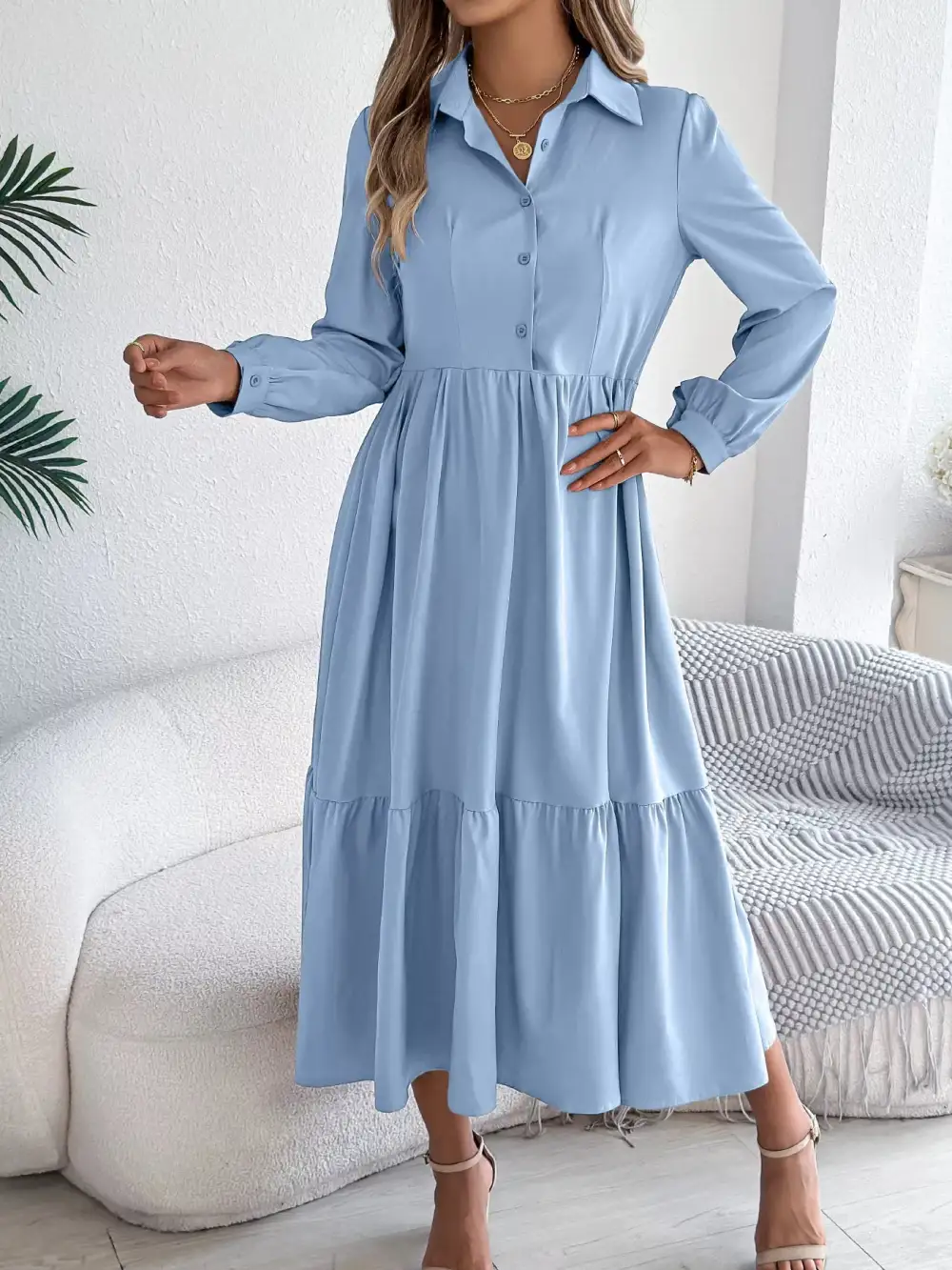 Button Front Tiered Long Sleeve Midi Dress