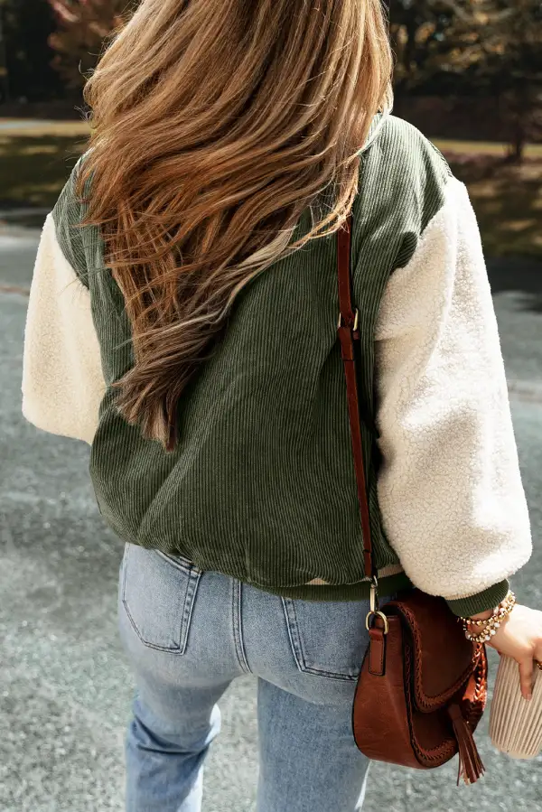 Mist Corduroy Fleece Patchwork Button Bomber Jacket