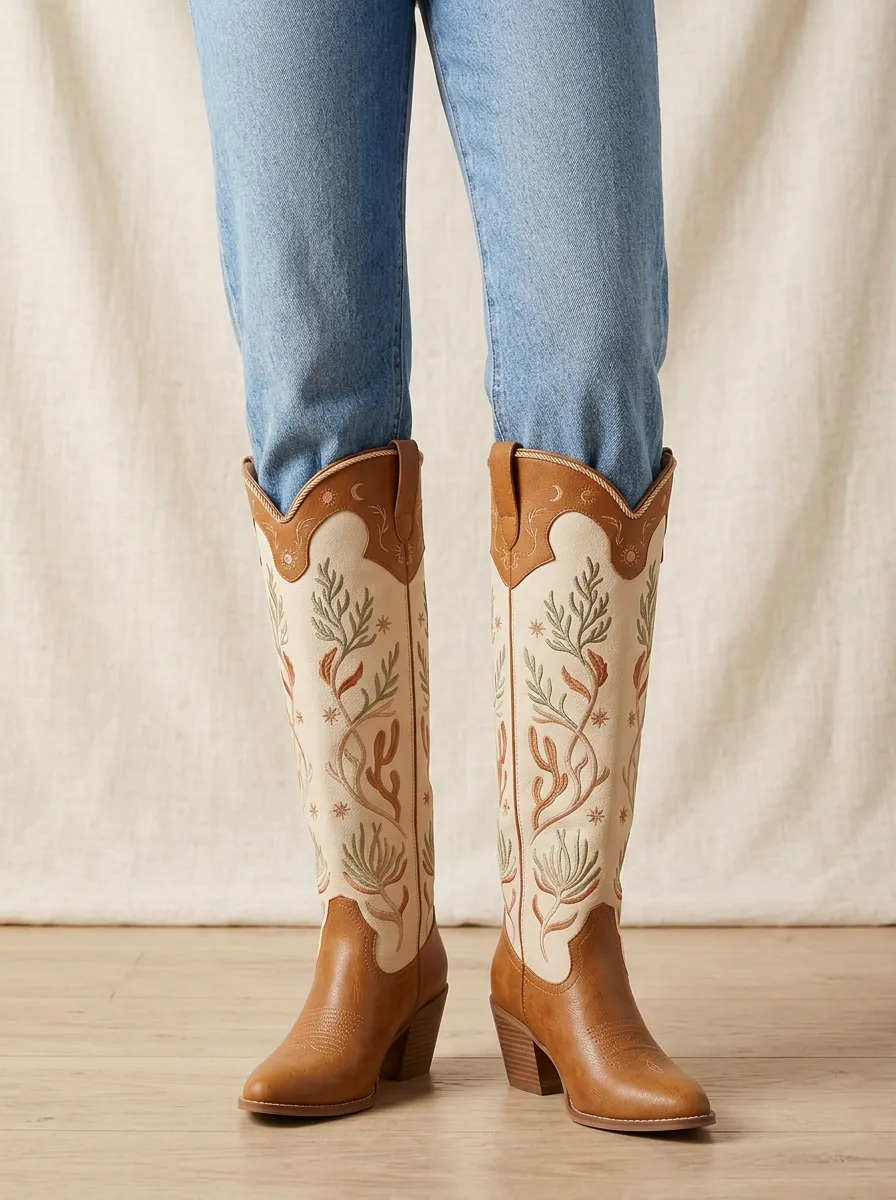 Women's Western Floral Embroidered Block-Heel Denim Over-the-Knee Boots