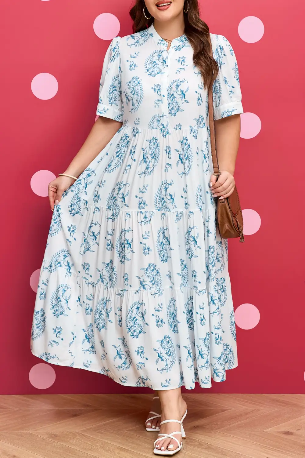 Floral Geometric Print Split Neck Maxi Dress