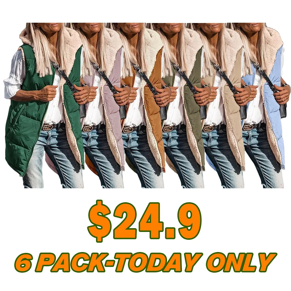 Women's military green double-faced fleece vest with pockets and a hood, long zip-up coat