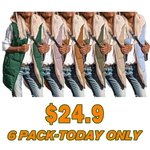 Women's military green double-faced fleece vest with pockets and a hood, long zip-up coat