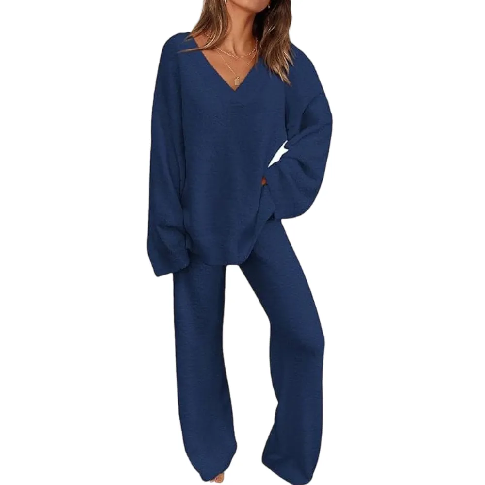 Women's 2-Piece Lounge Set Soft Chunky V Neck Tops& Wide Leg Long