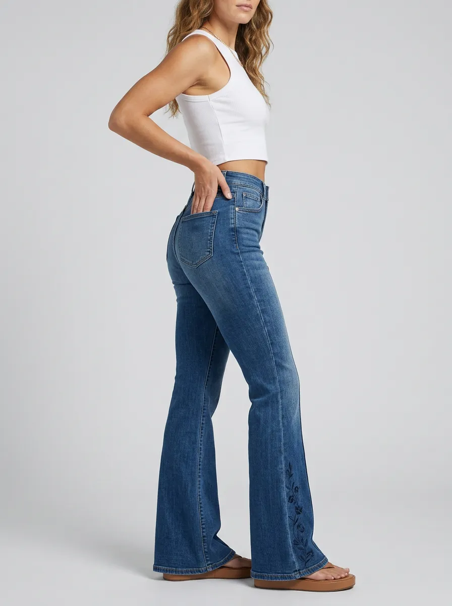 Women's Classic Floral Embroidered Stitch Detail Print High Rise Flare Jeans