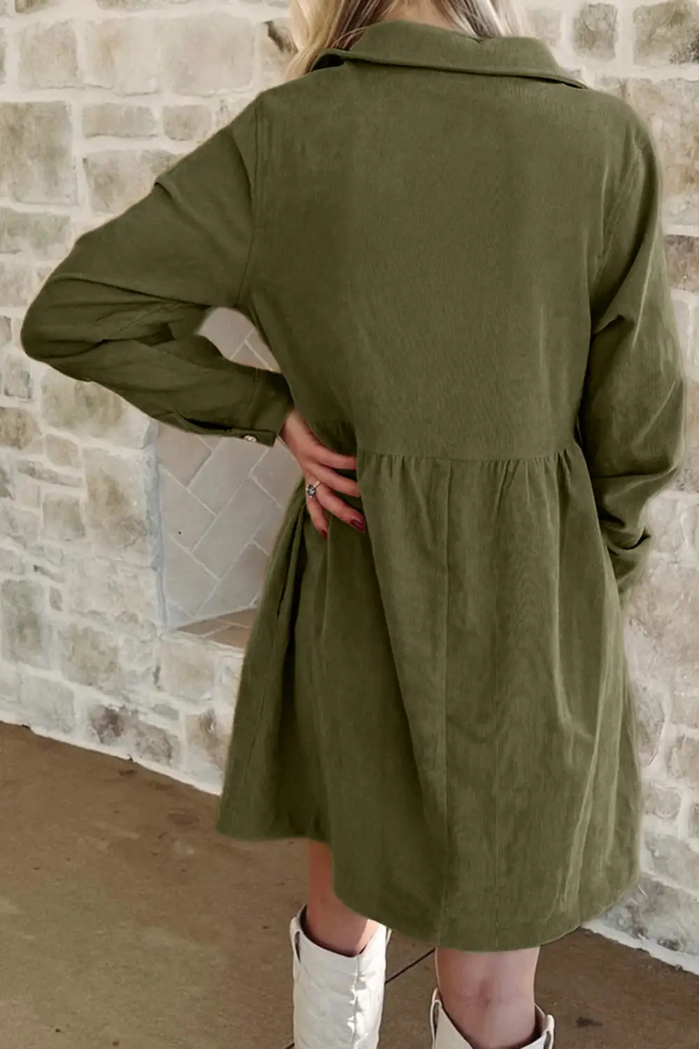 Corduroy Half Button Long Sleeve Mini Dress