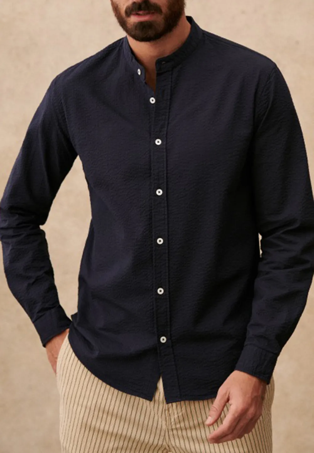 Yellow White Stripe Seersucker Button-Down Camp Shirt
