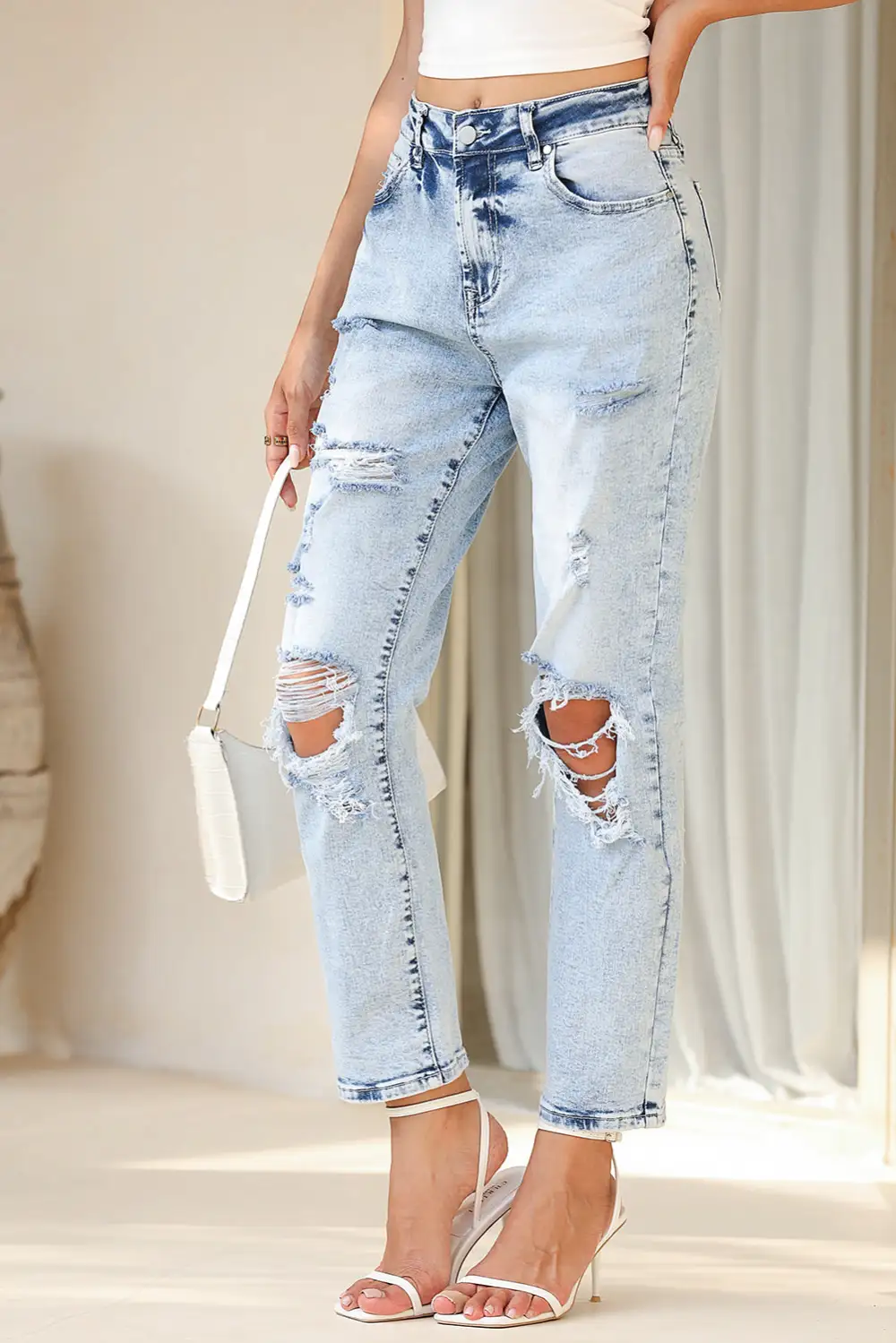 Frayed Slim Fit High Waist Denim Jeans