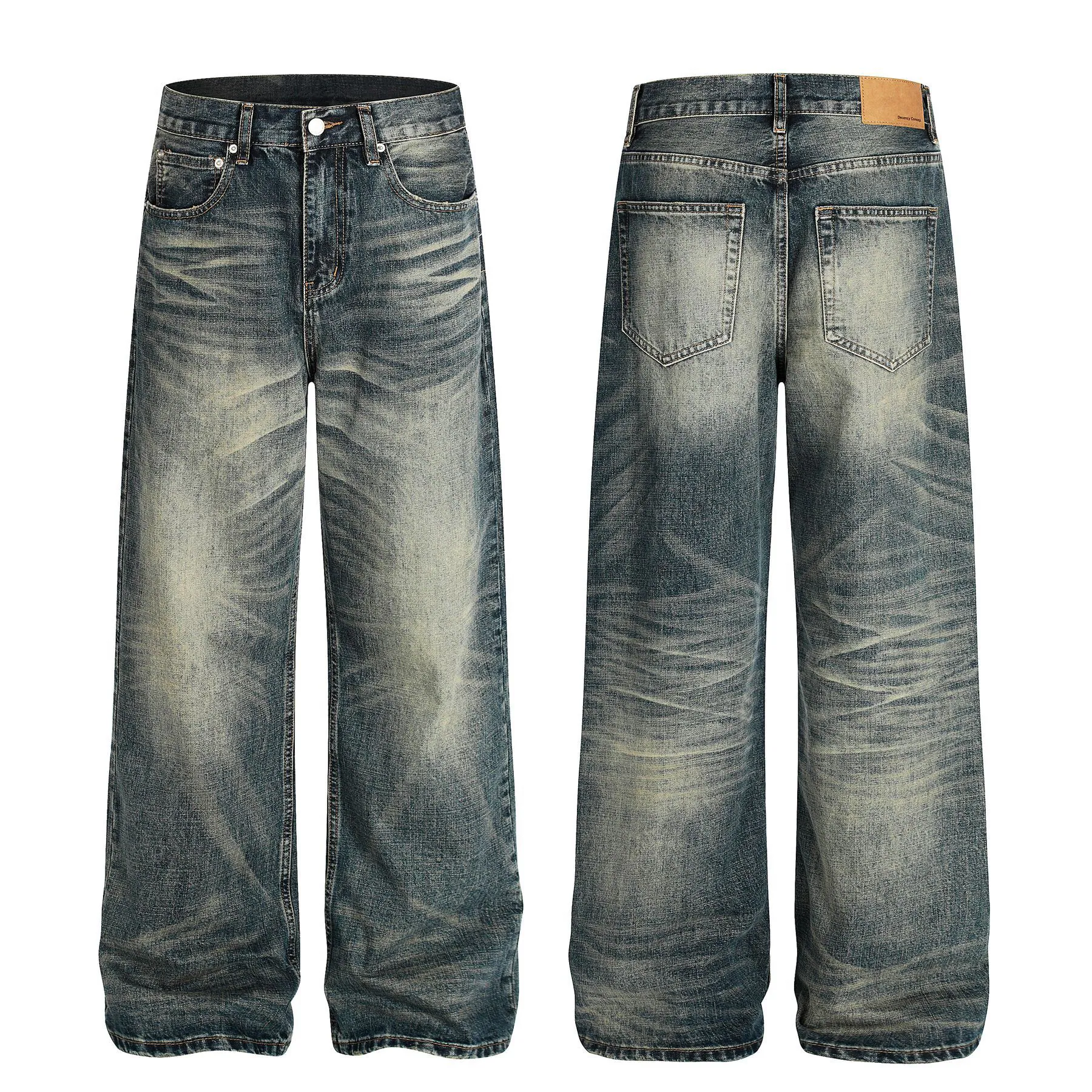Distressed Washed Blue Whisker Denim Jeans