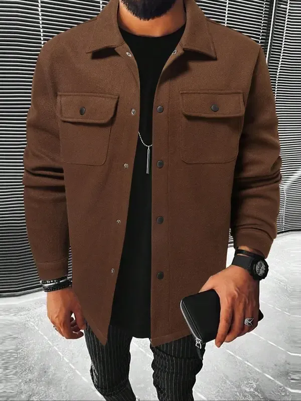 🔥Last Day 49% Offer-Men's Plain Long Sleeve Jacket, Regular Fit Casual Classic Button Front Flap Pocket Collared Outerwear for Fall & Winter, Going Out Outfit