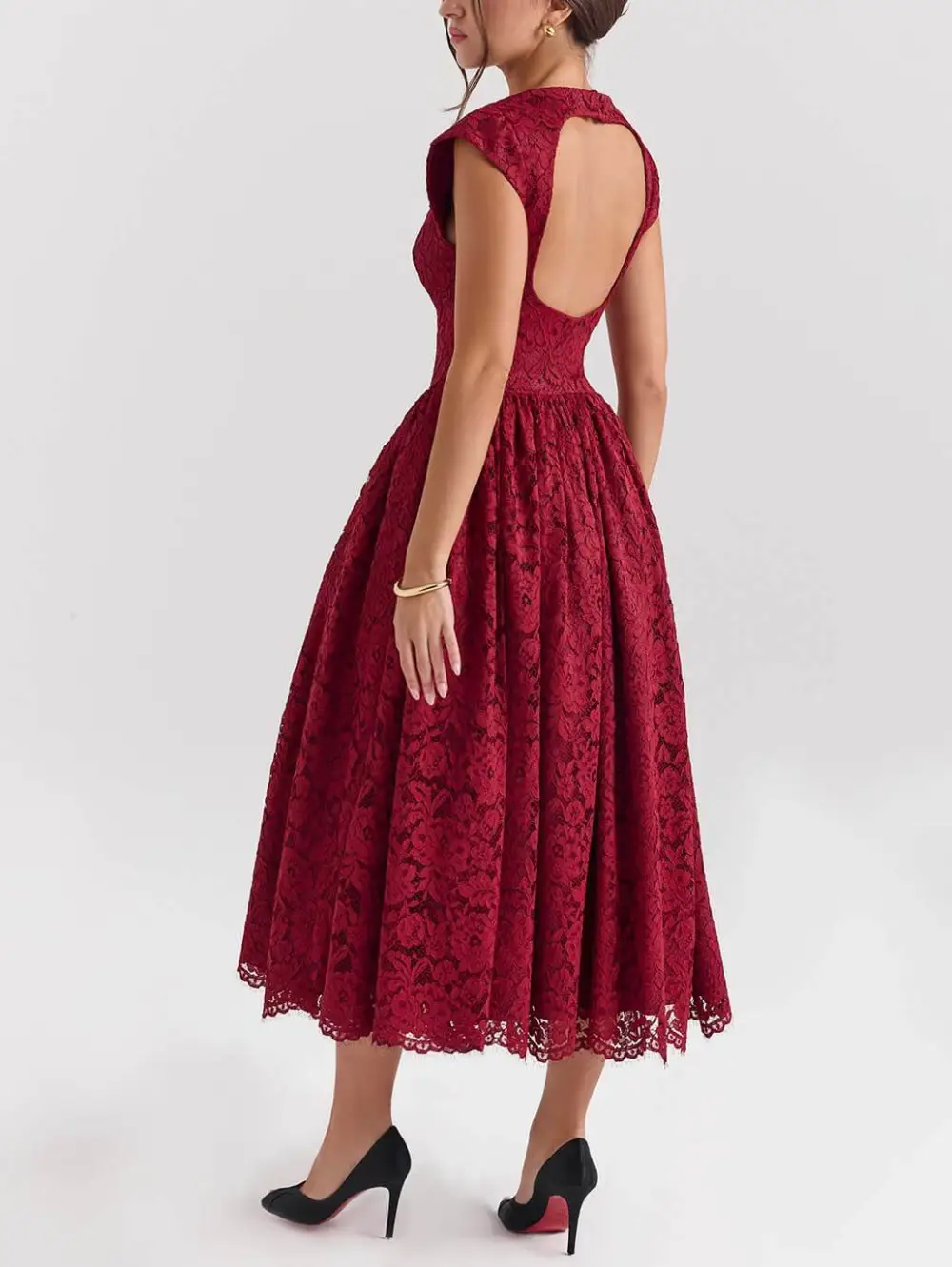 Elegant Lace Open Back Waist Midi Dress