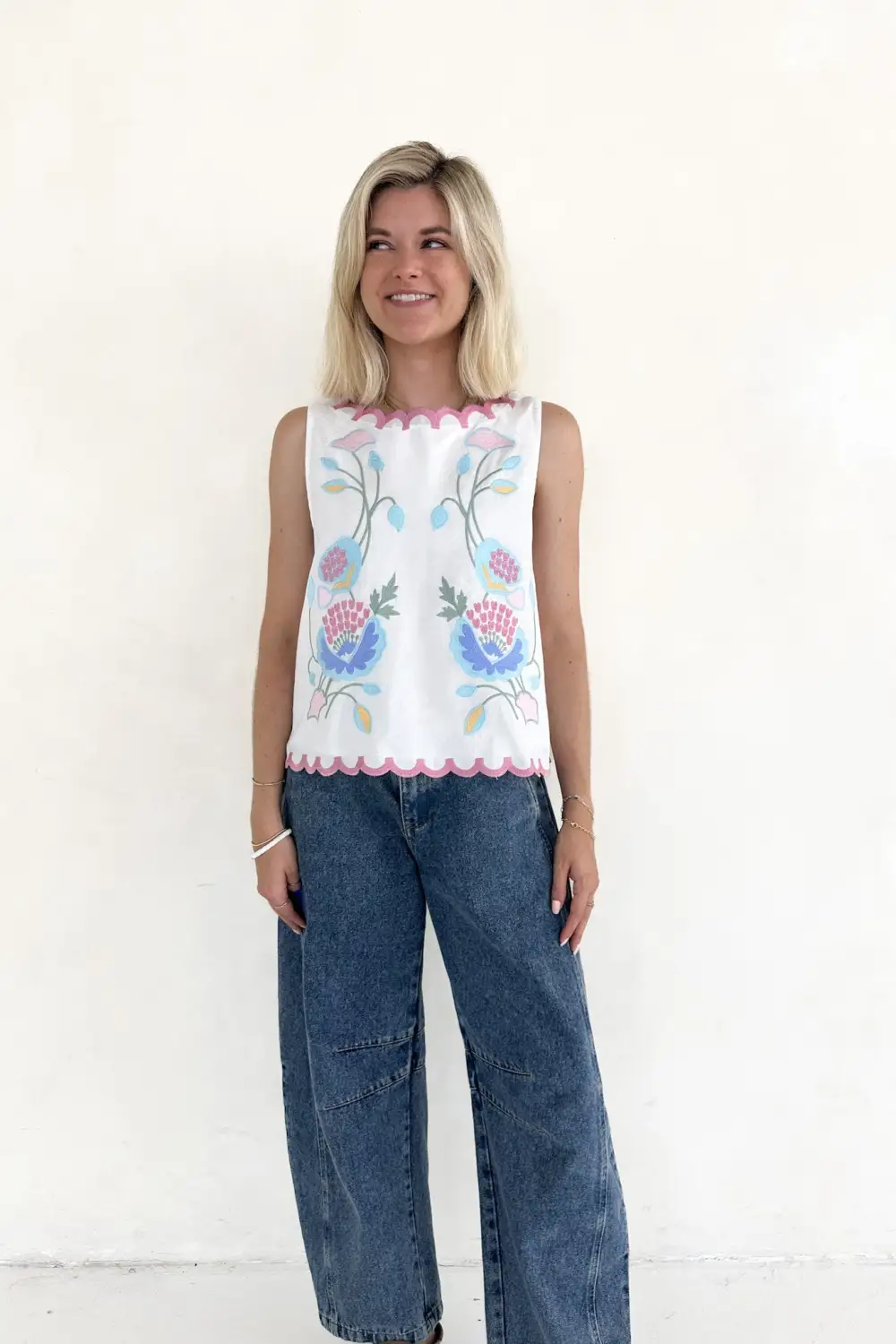 Modern Floral Embroidered Sleeveless Top