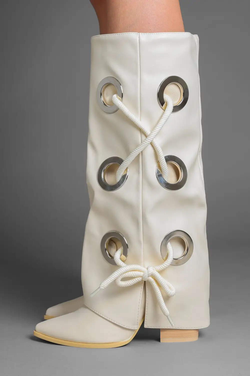 Classic Fold-Over Lace Detail Pointed Toe Faux Leather Knee High Boots