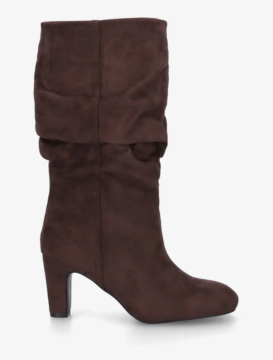 Statement Block Heel Ruched Faux Suede Knee High Boots