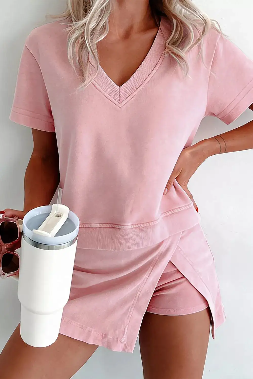 Casual V-NECK Top and Wrap Skort Set Skirt
