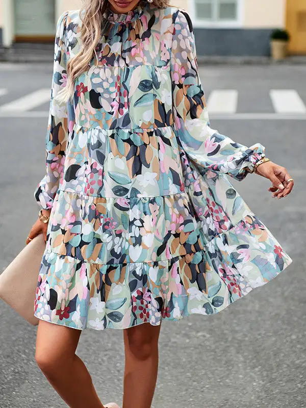 A Line High Waisted Printed Split Joint Tied Mock Neck Mini