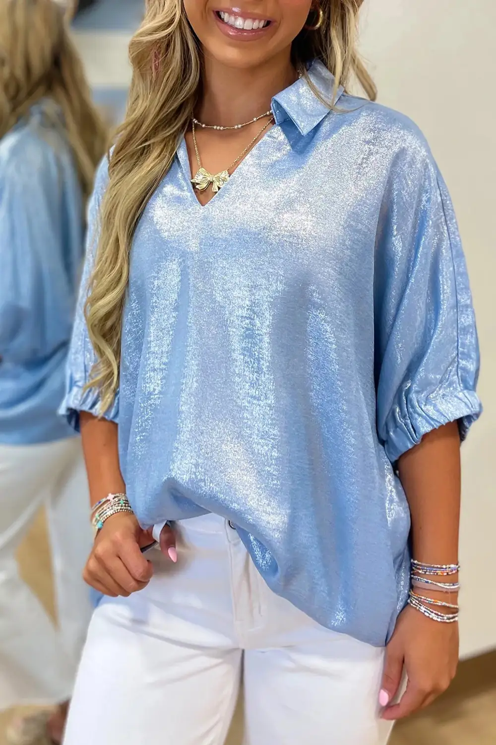Myosotis Collared V Neck Half Sleeve Metallic Top