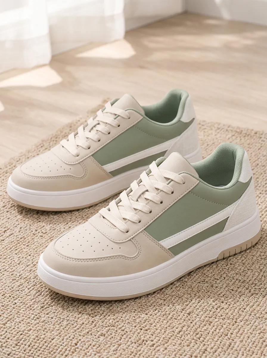 Women's Sage Green Beige Colorblock Lace-up Casual Sneakers
