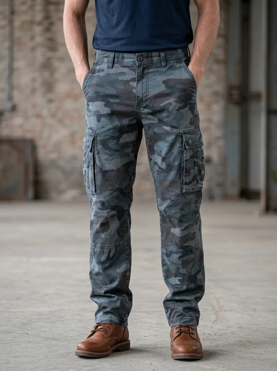 Men's Tactical Style Blue Camouflage Printed Cargo Pants