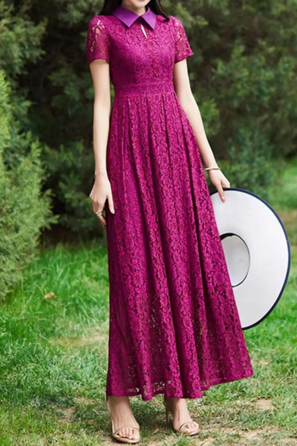 Polyester Lapel Collar Short Sleeve Maxi Dress