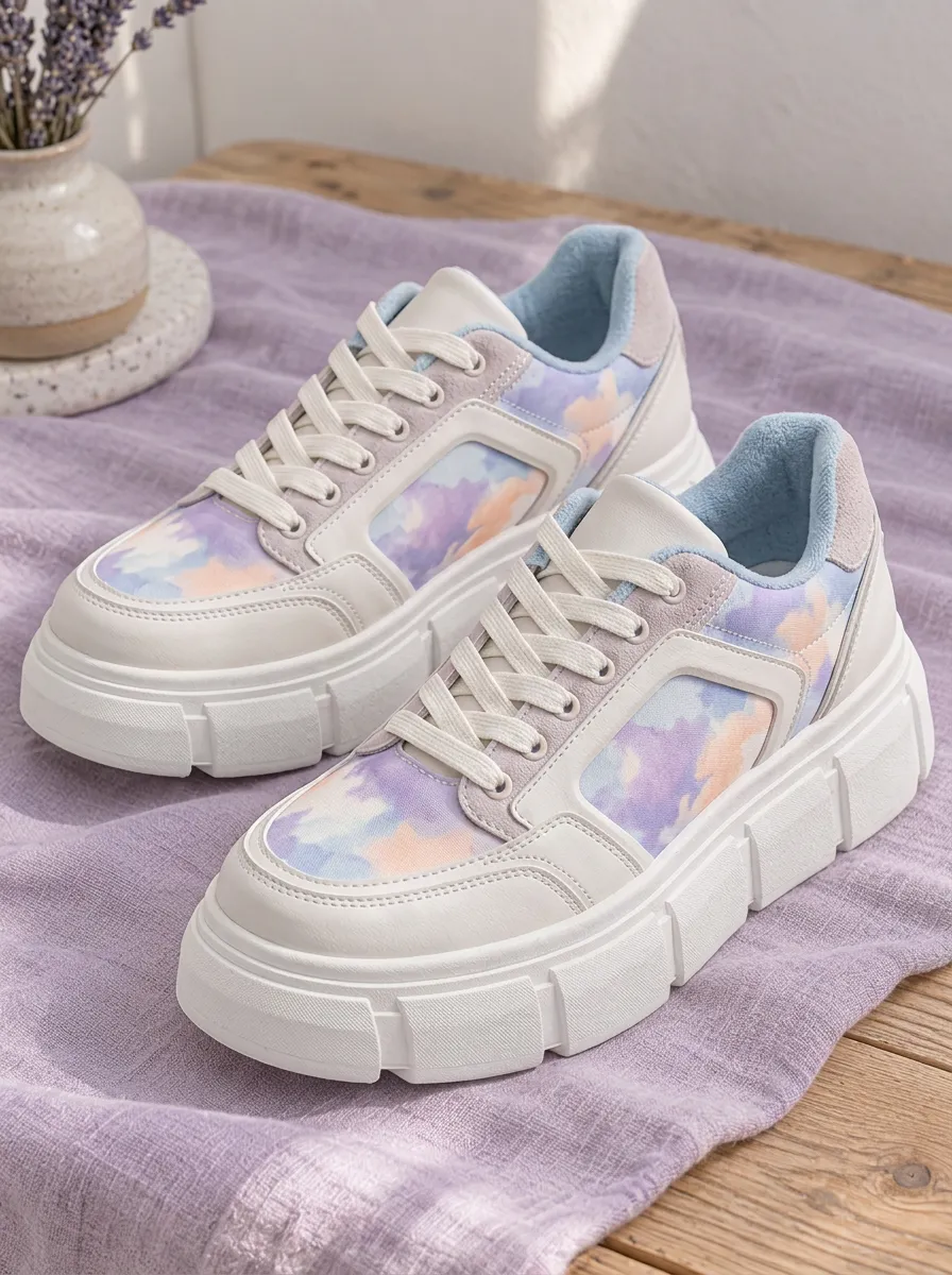 Women's Pastel Cloud Pattern Printed Platform Sneakers