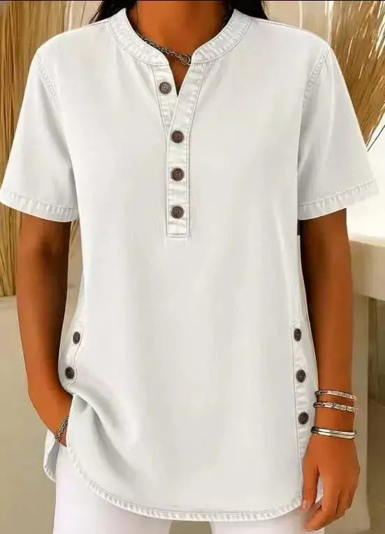 Button Detail Short Sleeve Blouse Plus