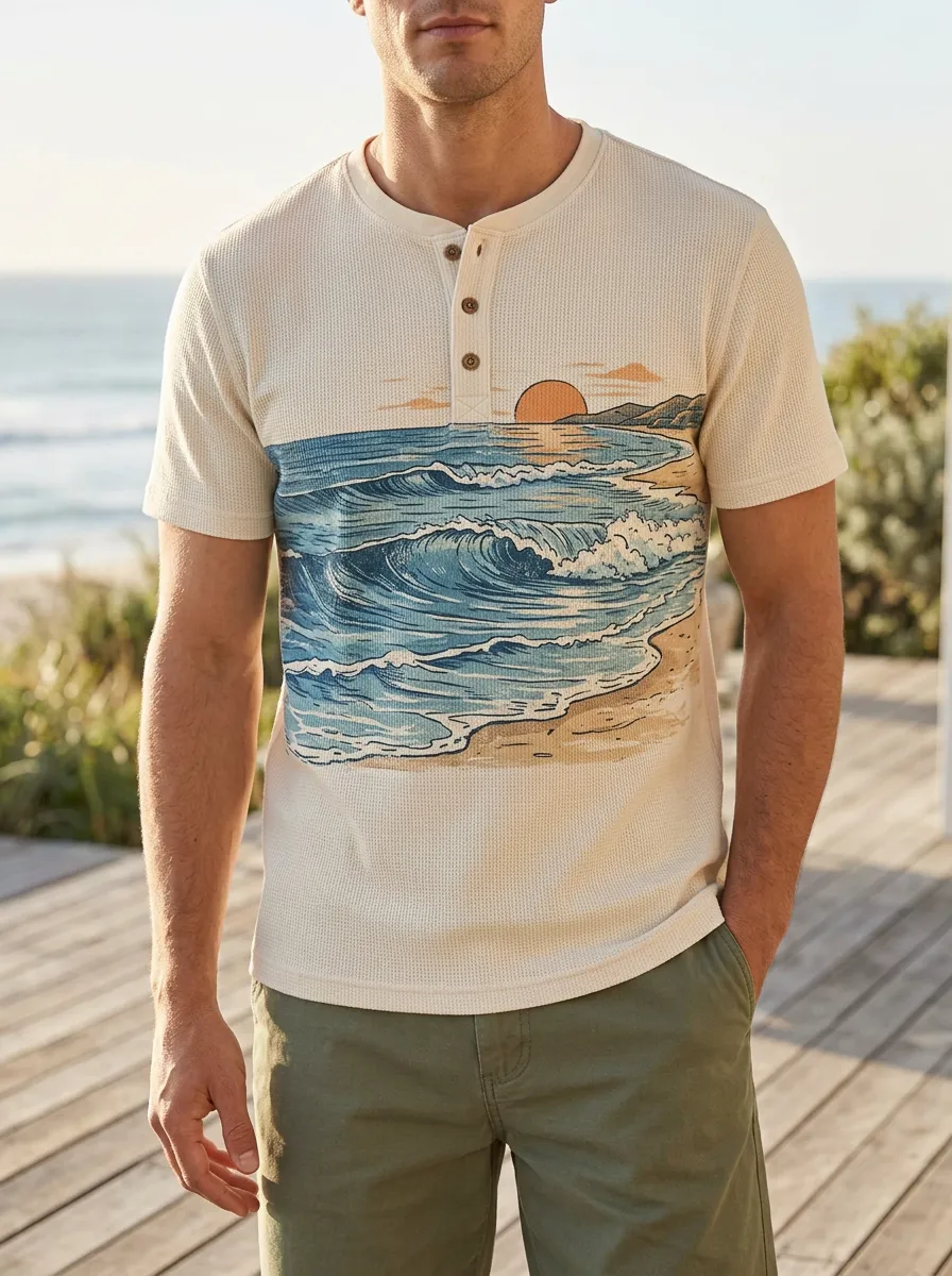 Men's Refined Beach Lover Ocean Wave Sunset Henley T-Shirt