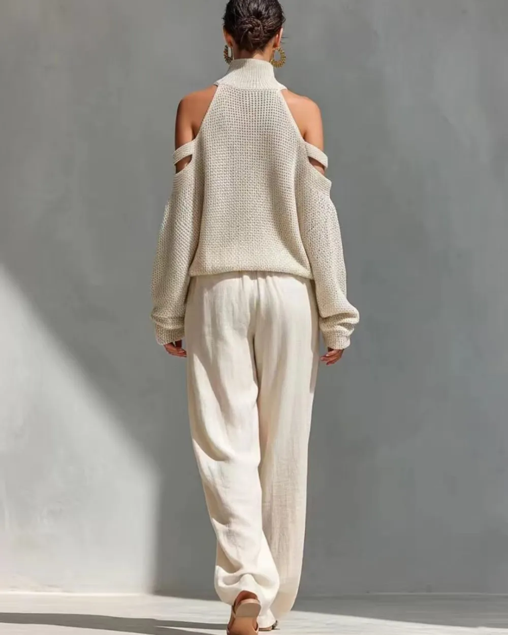 Knit Cold-Shoulder Turtleneck Wide-Leg Pants Set