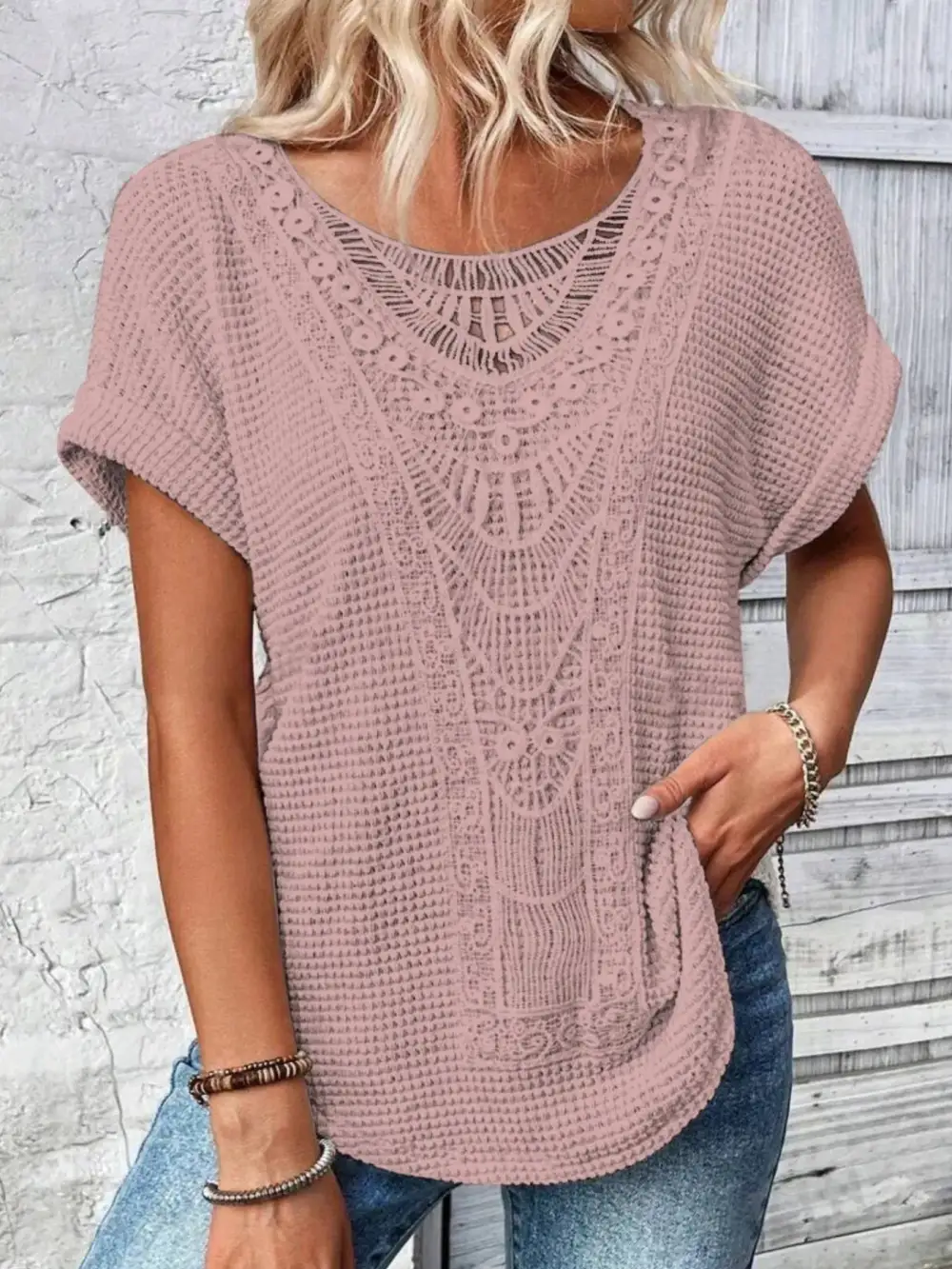Refined Short-Sleeve Lace-Detail Knit T-Shirt