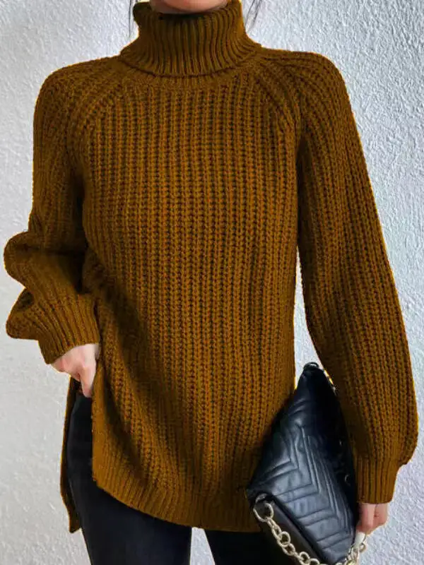 Split Hem High Neck Long Sleeve Relaxed Fit Pullover Sweater