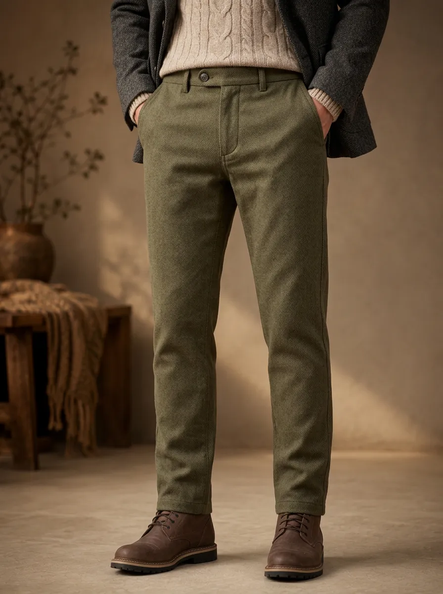 Men's Cold-Weather Herringbone Refined Button Trousers