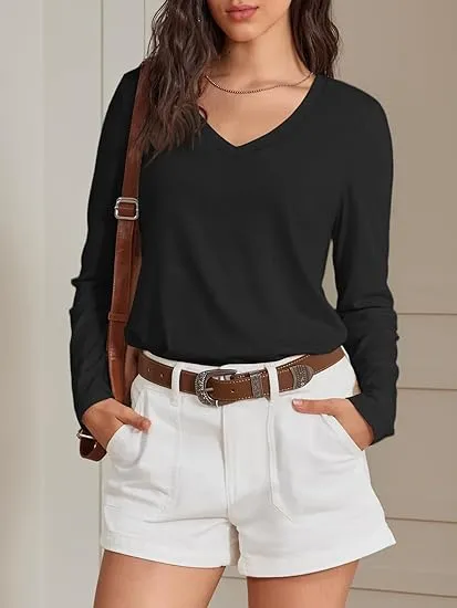 Women's V-Neck Long Sleeve Tee - Soft Curved Hem Top