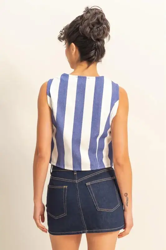 Woven Striped V-Neck Button Down Vest