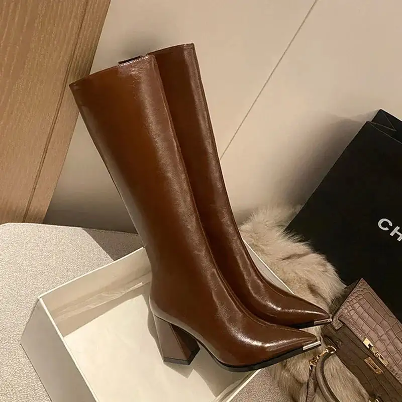 Pointed-Toe Square-Heel Knee-High Boots