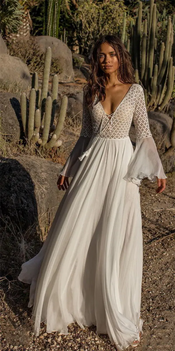 Long Flare Sleeve V-Neck White Hollow Lace Maxi Dress