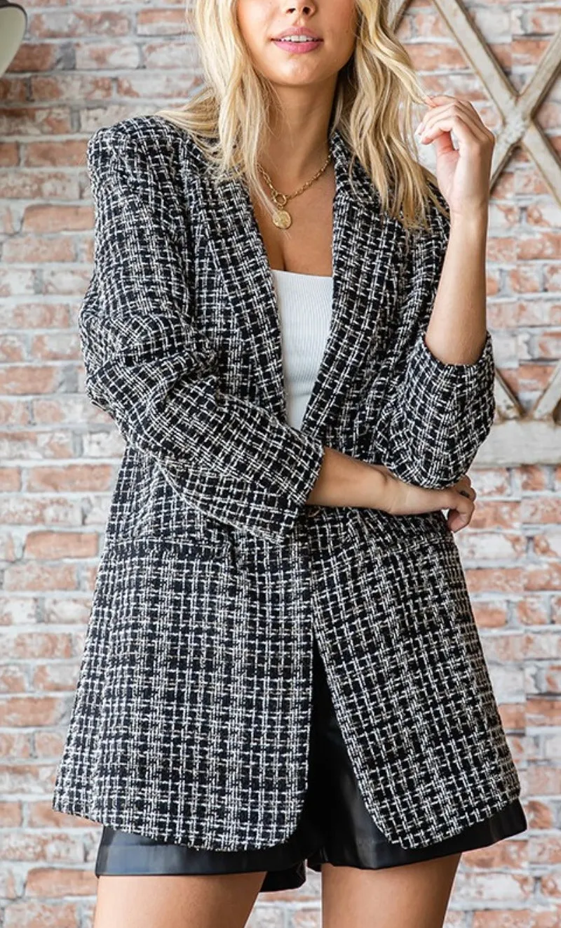 Single-Button Long-Sleeve Tweed Blazer