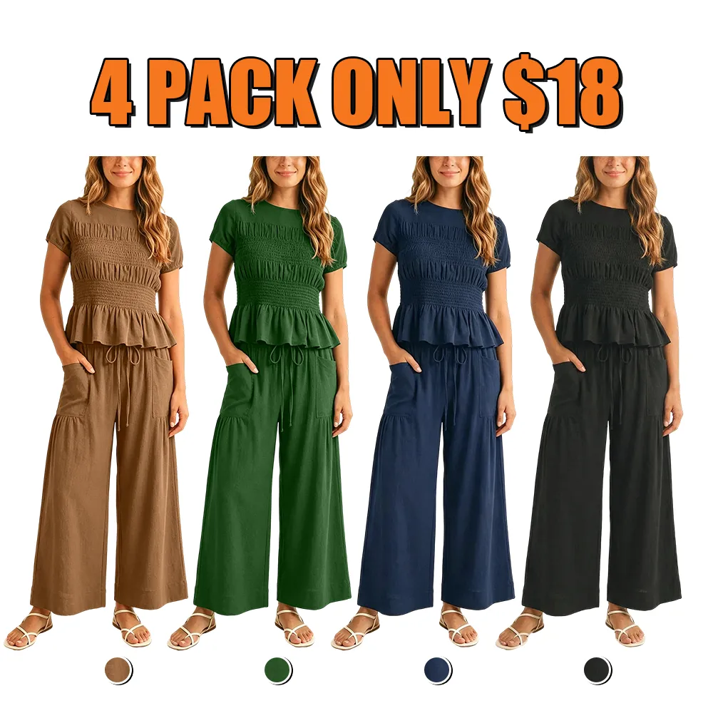 Women's 2-Piece Smocked Top and Wide-Leg Pants Set