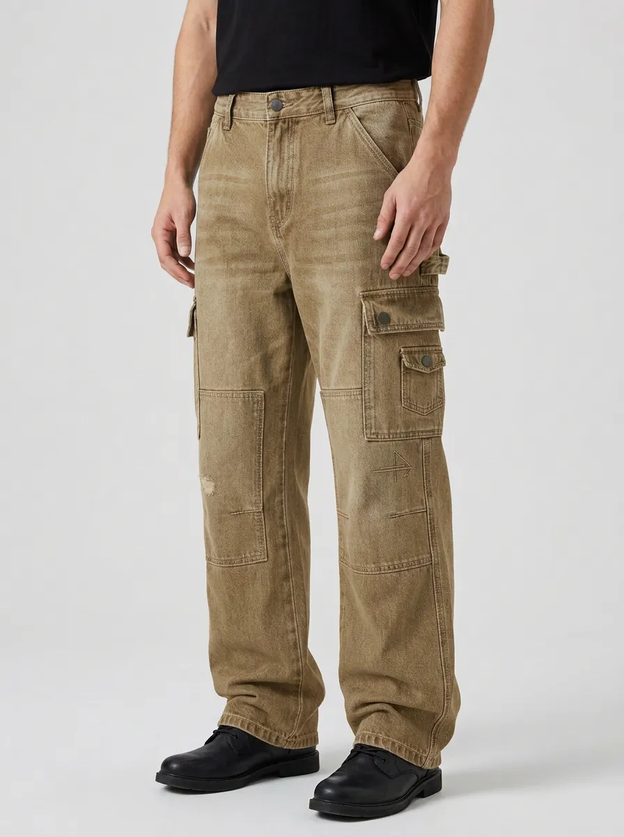 Men's Vintage Washed Distressed Cargo Denim Pants