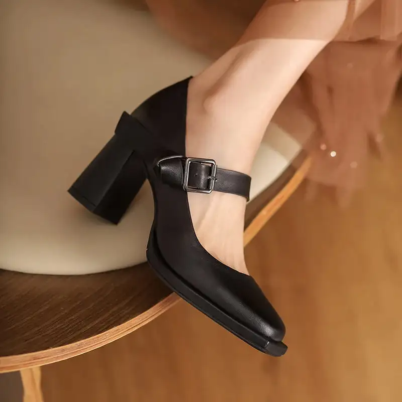 Round Toe Lace Up Buckle Strap Chunky Heel Pumps