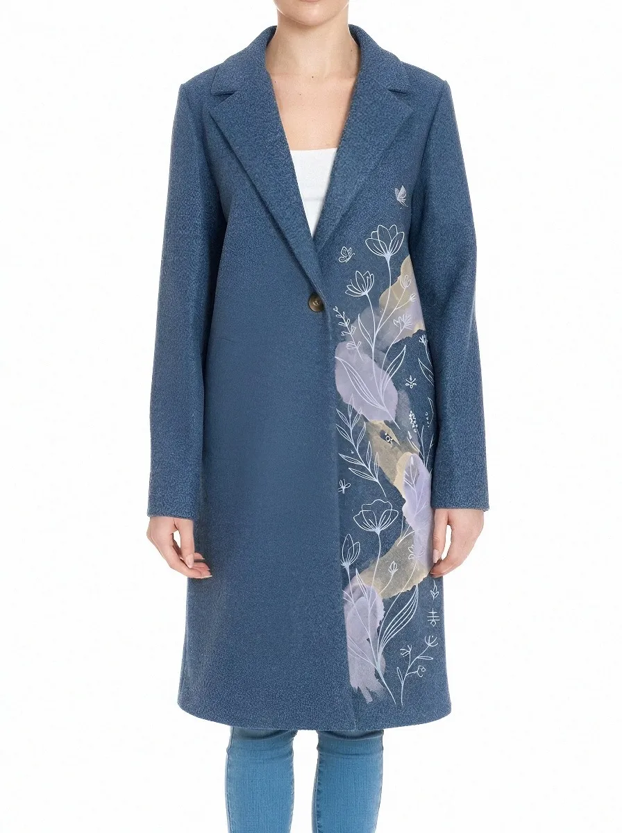 Women's Floral Botanical Watercolor Printed Wool Coat