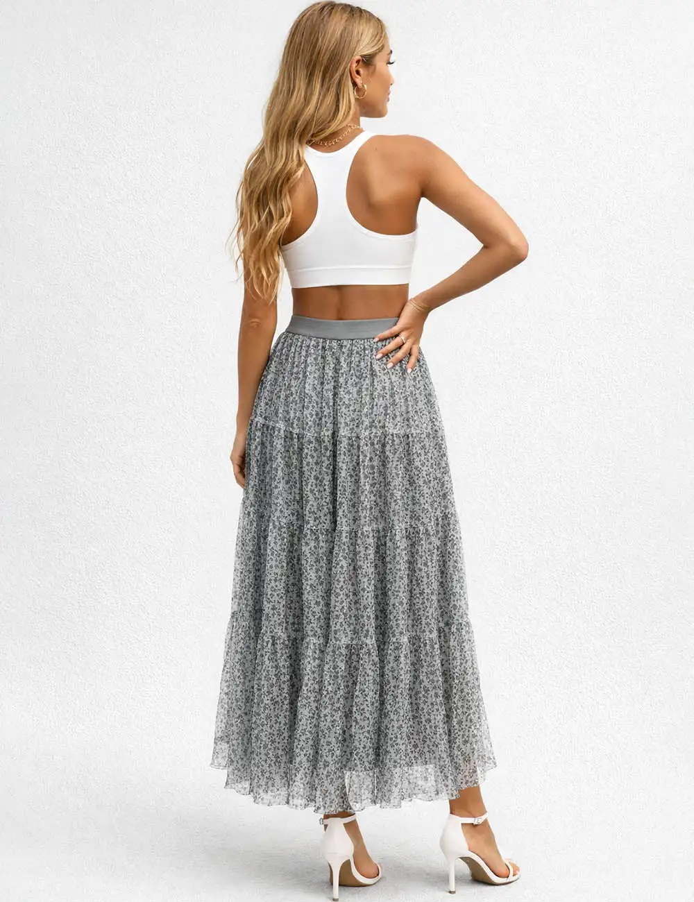 Elastic Waist Mesh Tiered Hem Maxi Skirt