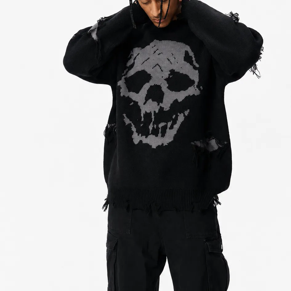 Distressed Skull Knit Sweater