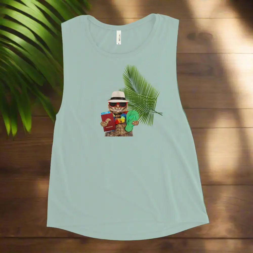 Ladies Muscle Tank Cat On Vacation Tank Top