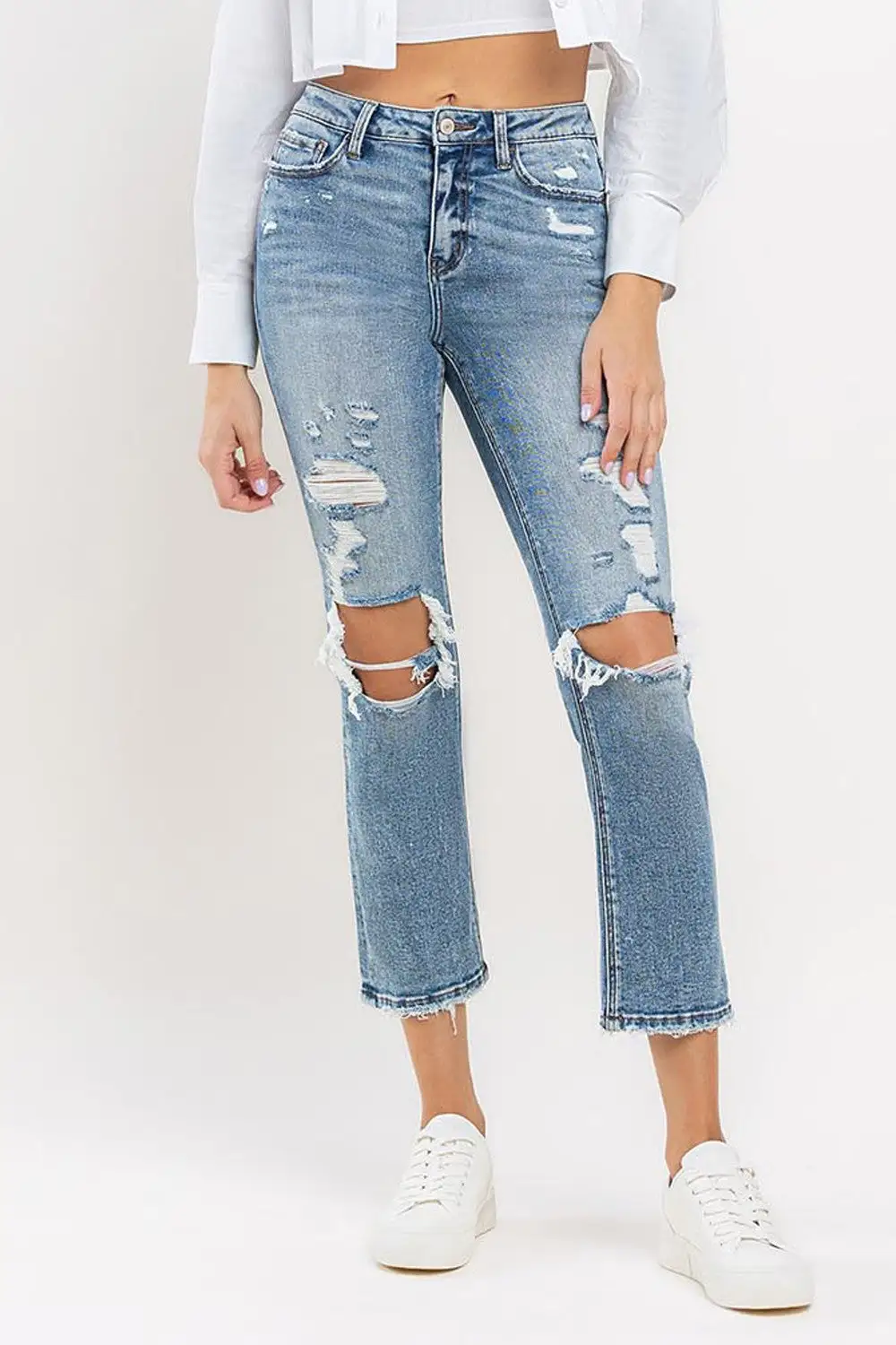 High-Rise Raw-Hem Washed Pocketed Slim Straight Jeans