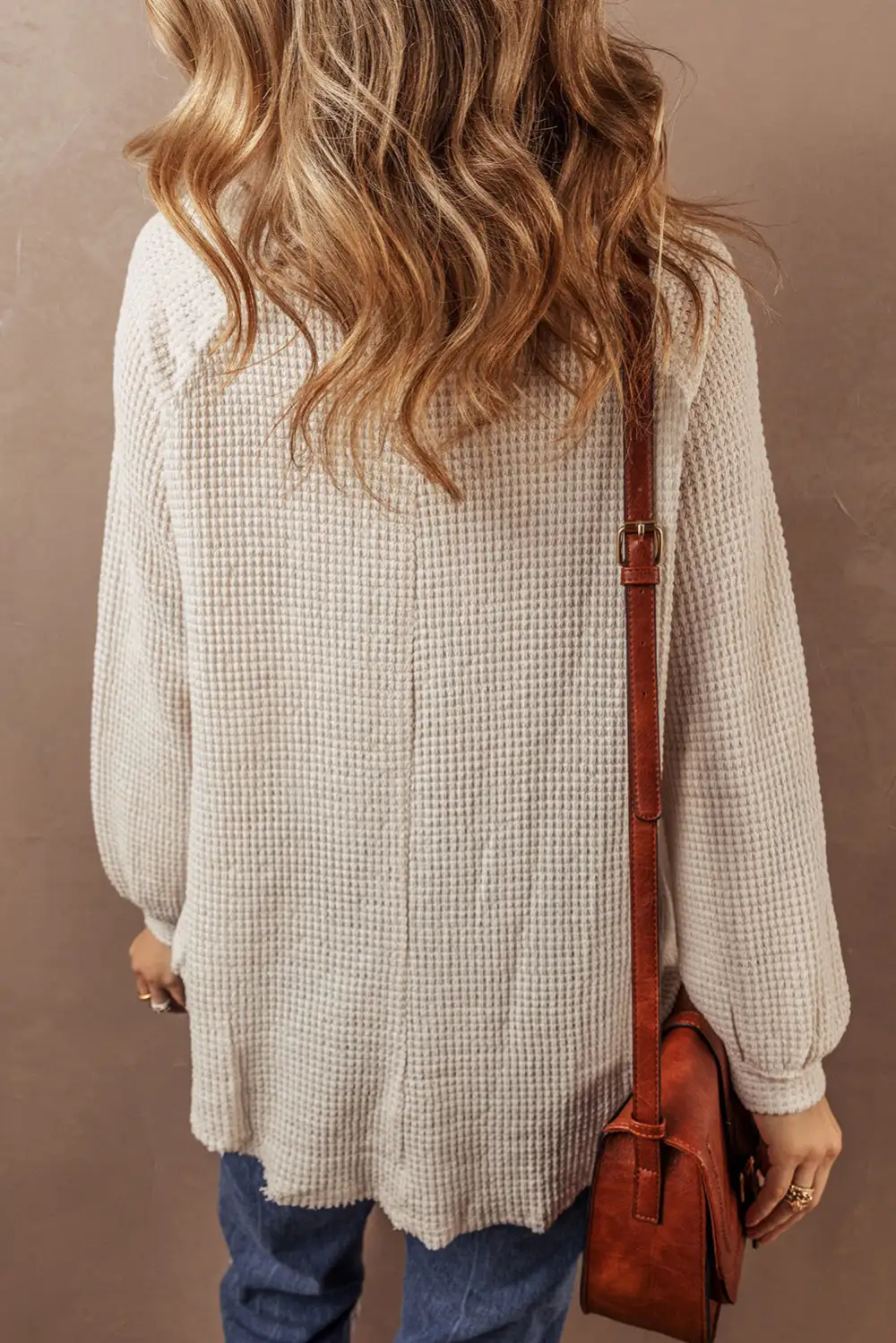 Waffle Knit Buttoned Front Raglan Sleeve Loose Blouse